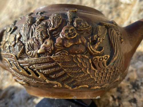 antique bronze chinese teapot tea pot eight immortals , signed
