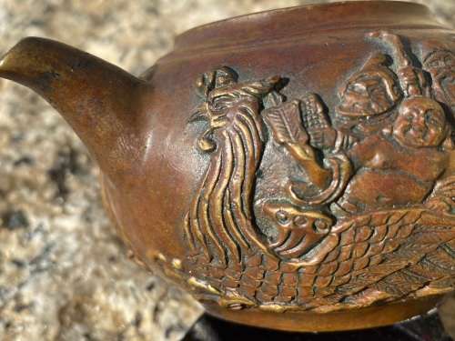 antique bronze chinese teapot tea pot eight immortals , signed