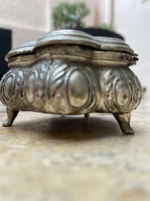 vintage footed trinket box with brass pill pendant or keychain