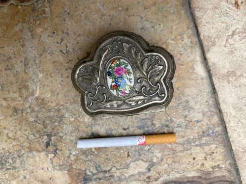 vintage footed trinket box with brass pill pendant or keychain
