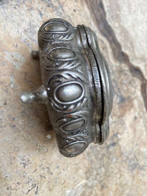 vintage footed trinket box with brass pill pendant or keychain