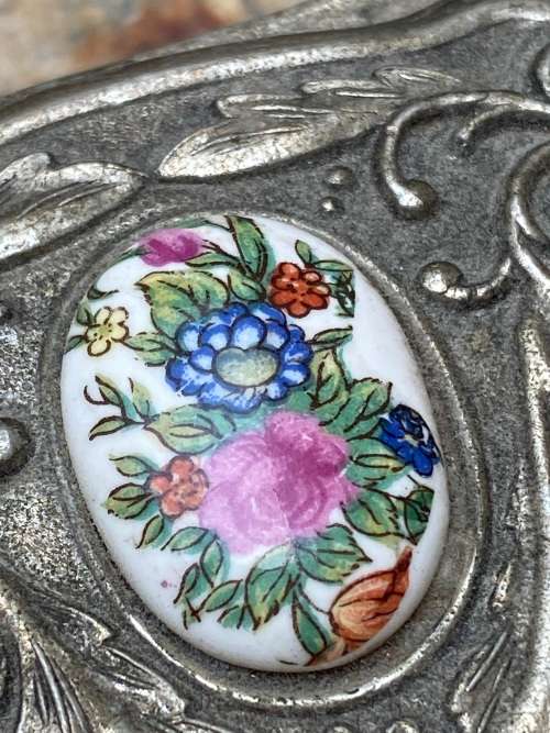 vintage footed trinket box with brass pill pendant or keychain