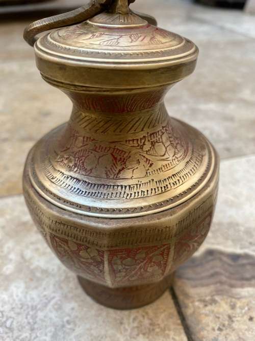 vintage brass jar with lid etched floral detail
