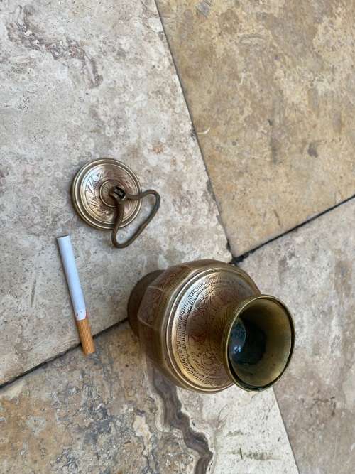 vintage brass jar with lid etched floral detail