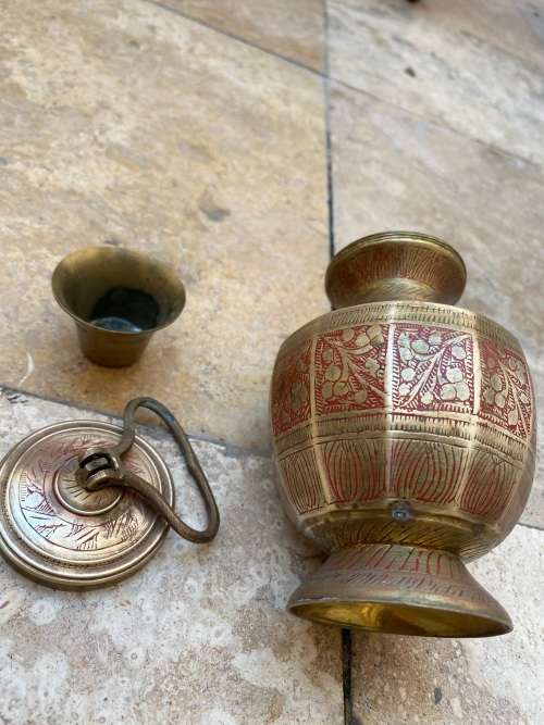 vintage brass jar with lid etched floral detail