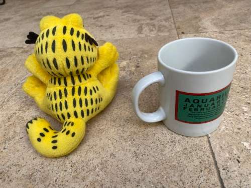 vintage Garfield Aquarius coffee mug and garfield suction doll
