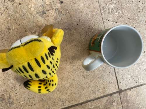 vintage Garfield Aquarius coffee mug and garfield suction doll