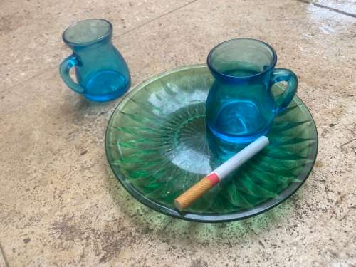vintage italian cerve blue glass miniature pitcher pair with green saucer