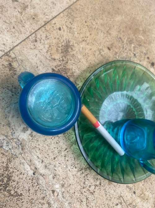 vintage italian cerve blue glass miniature pitcher pair with green saucer