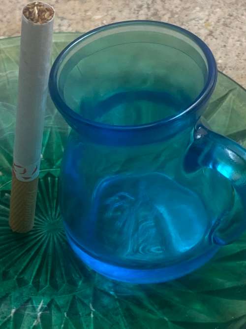 vintage italian cerve blue glass miniature pitcher pair with green saucer