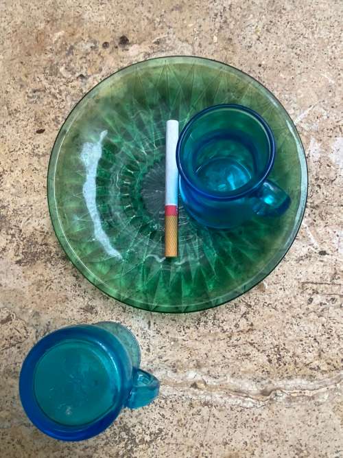 vintage italian cerve blue glass miniature pitcher pair with green saucer