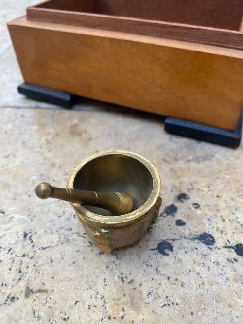vintage brass mortar and pestle mini in wood wooden utility trinket box