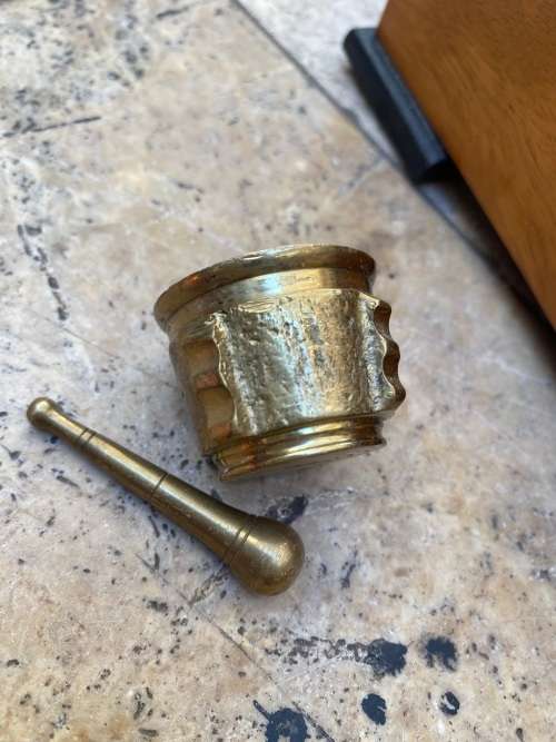 vintage brass mortar and pestle mini in wood wooden utility trinket box