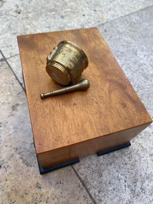 vintage brass mortar and pestle mini in wood wooden utility trinket box