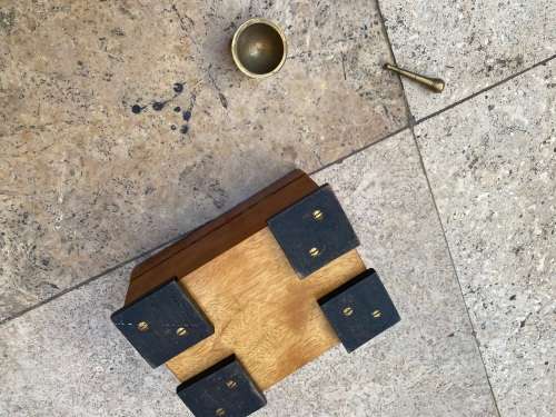 vintage brass mortar and pestle mini in wood wooden utility trinket box