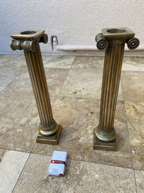 pair of antique corinthian column pillar heavy brass candle holders 45 cm