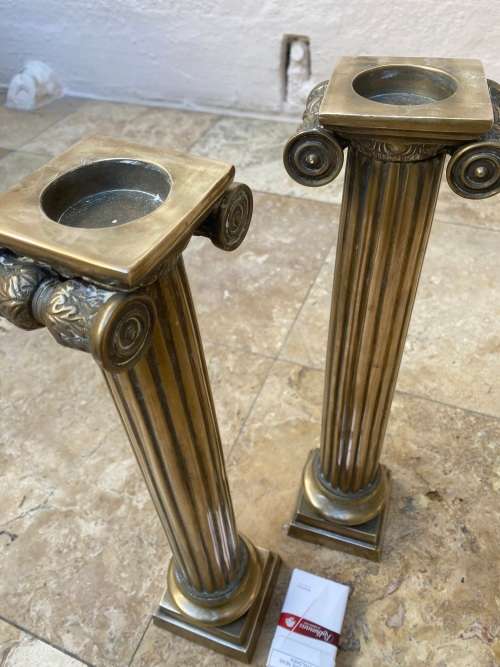pair of antique corinthian column pillar heavy brass candle holders 45 cm