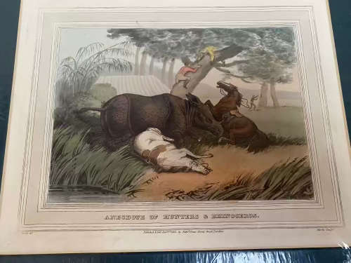 antique hand coloured engraving , anecdote of hunters and rhinoceros 1813