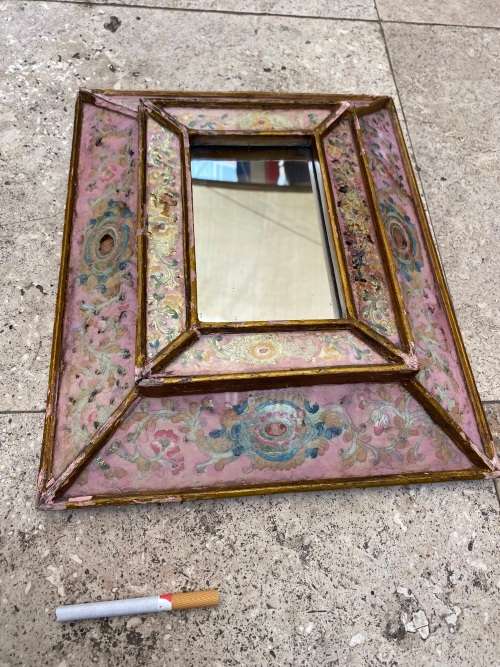 vintage peruvian wood reverse painted glass frame peru glass scalloped mirror , numbered R Berrocal