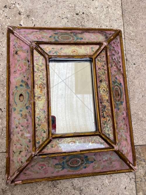 vintage peruvian wood reverse painted glass frame peru glass scalloped mirror , numbered R Berrocal