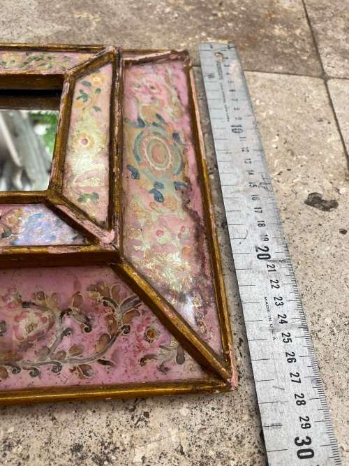 vintage peruvian wood reverse painted glass frame peru glass scalloped mirror , numbered R Berrocal
