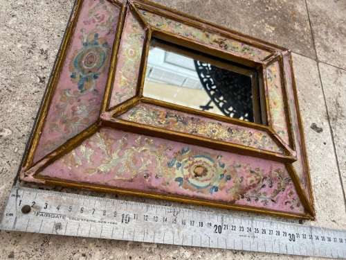 vintage peruvian wood reverse painted glass frame peru glass scalloped mirror , numbered R Berrocal