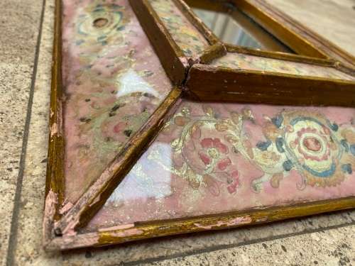 vintage peruvian wood reverse painted glass frame peru glass scalloped mirror , numbered R Berrocal