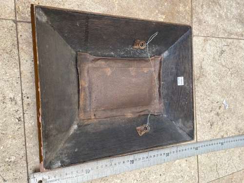 vintage peruvian wood reverse painted glass frame peru glass scalloped mirror , numbered R Berrocal