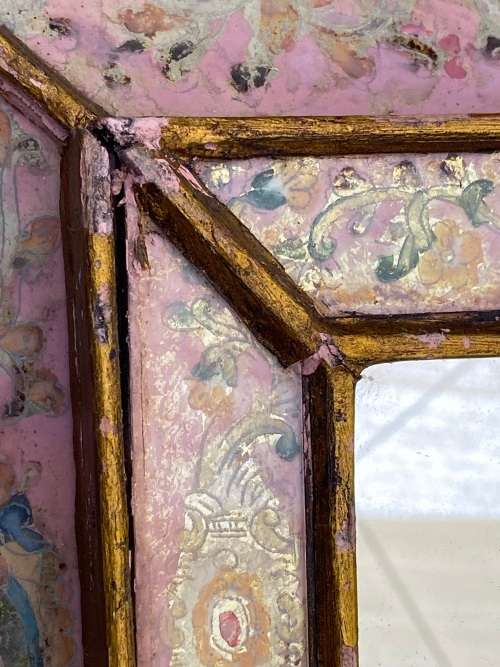 vintage peruvian wood reverse painted glass frame peru glass scalloped mirror , numbered R Berrocal