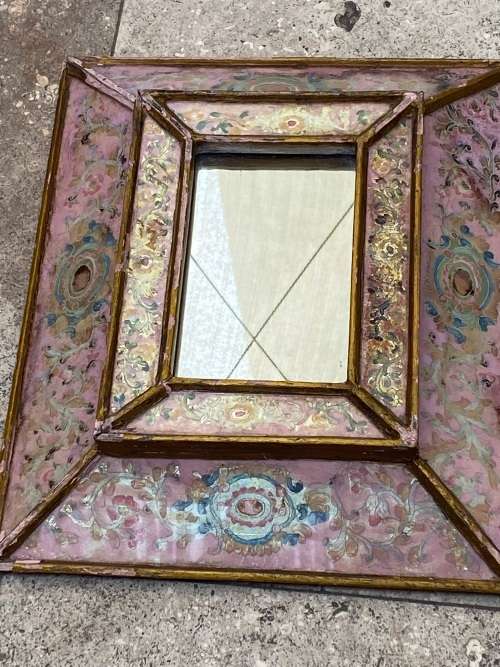 vintage peruvian wood reverse painted glass frame peru glass scalloped mirror , numbered R Berrocal