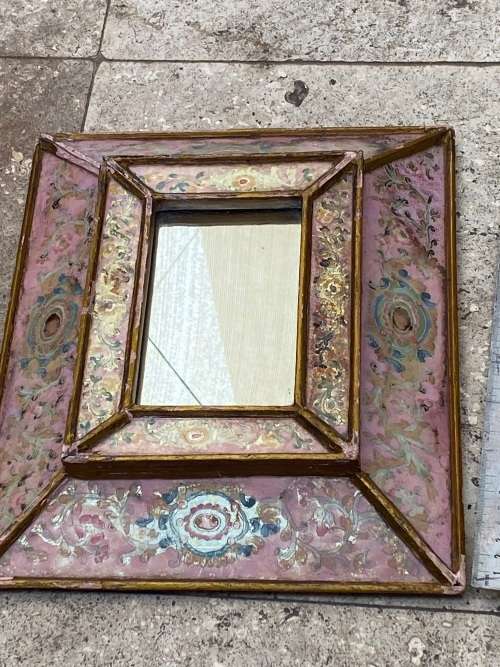 vintage peruvian wood reverse painted glass frame peru glass scalloped mirror , numbered R Berrocal