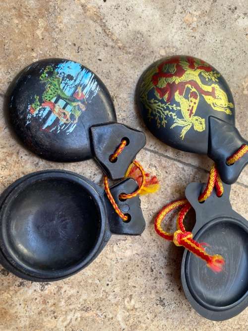 vintage black bakelite castanet castanets gold leaf cherub flamingo