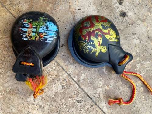vintage black bakelite castanet castanets gold leaf cherub flamingo