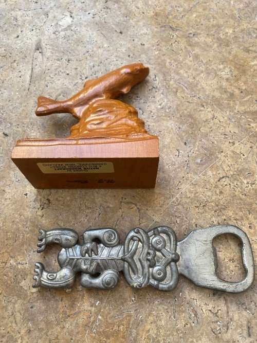 vintage Moari native woodcraft fish wood carving with tiki bottle opener