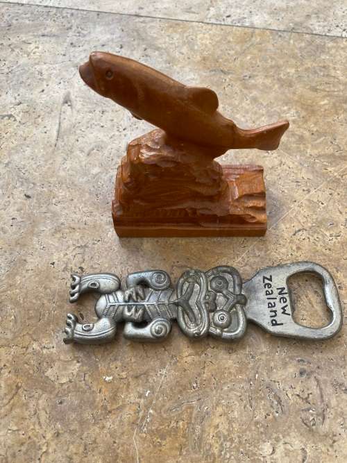 vintage Moari native woodcraft fish wood carving with tiki bottle opener