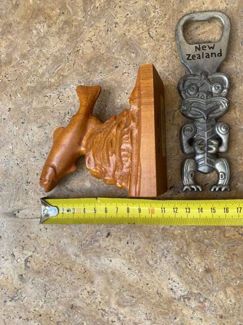 vintage Moari native woodcraft fish wood carving with tiki bottle opener