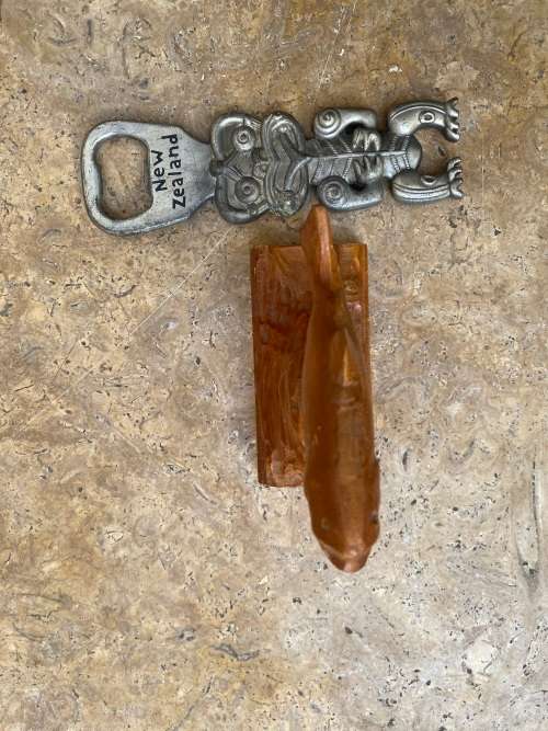 vintage Moari native woodcraft fish wood carving with tiki bottle opener