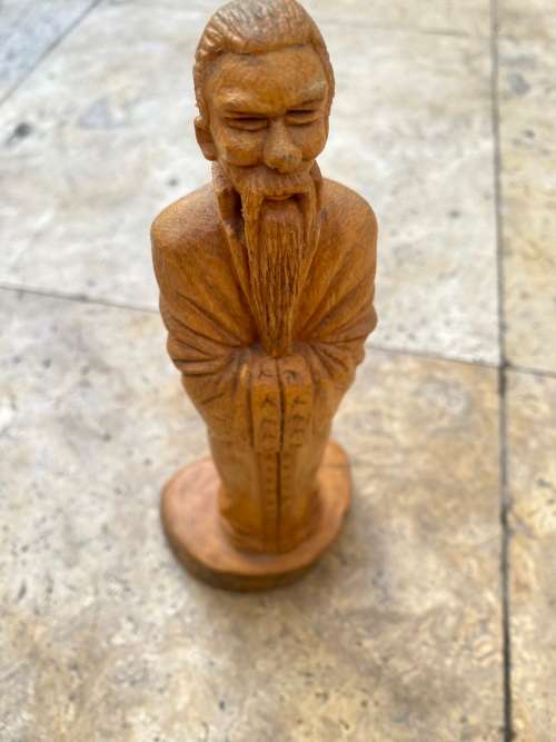 vintage native asian woodcraft wood carving of wise sage man noman shaman sculpture figure signed