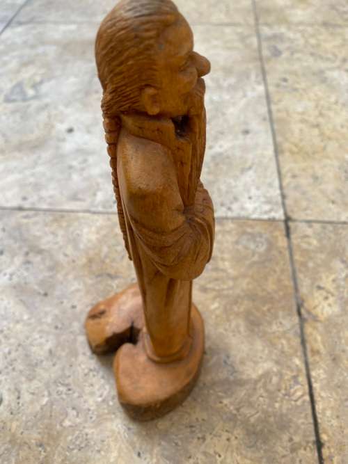 vintage native asian woodcraft wood carving of wise sage man noman shaman sculpture figure signed