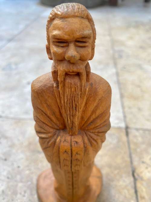 vintage native asian woodcraft wood carving of wise sage man noman shaman sculpture figure signed