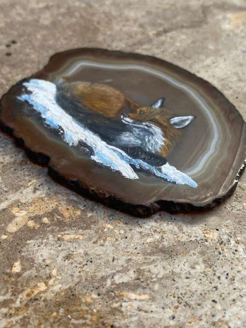 vintage  fox painting on slice of agate 1992