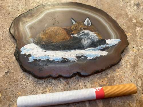 vintage  fox painting on slice of agate 1992
