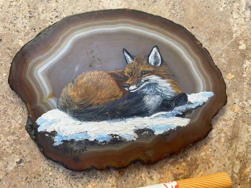 vintage  fox painting on slice of agate 1992