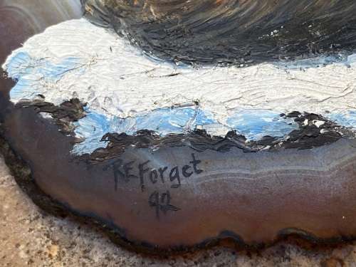 vintage  fox painting on slice of agate 1992