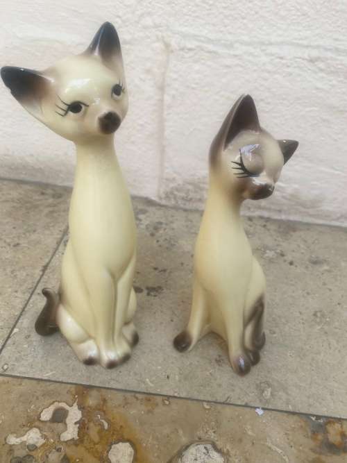 vintage long necked siamese porcelain cats cat pair  , Japan