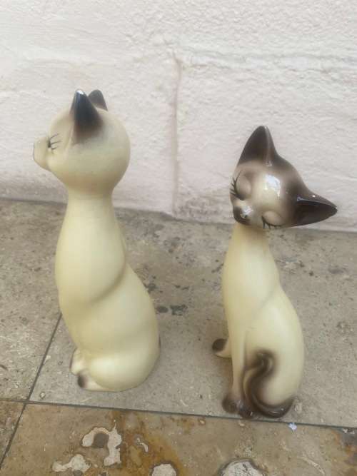 vintage long necked siamese porcelain cats cat pair  , Japan