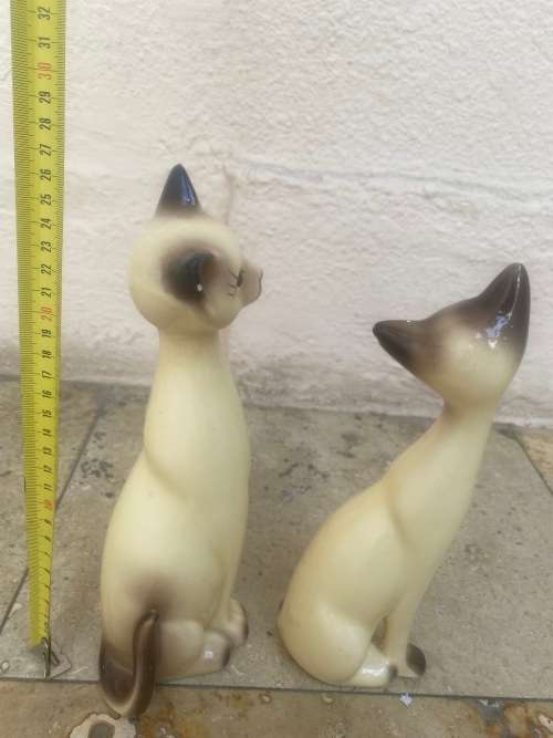 vintage long necked siamese porcelain cats cat pair  , Japan