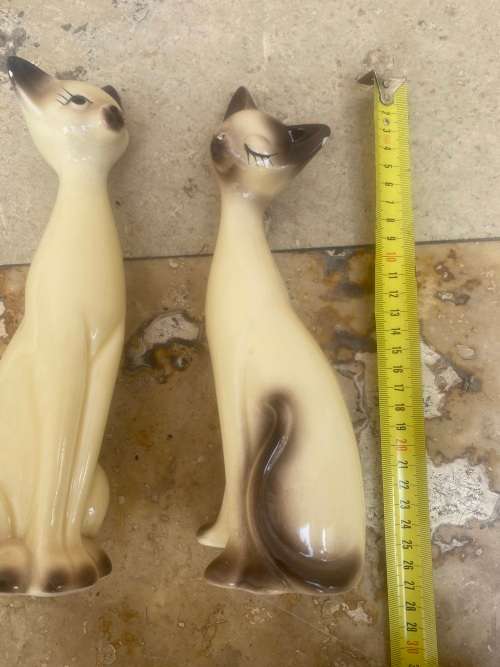 vintage long necked siamese porcelain cats cat pair  , Japan