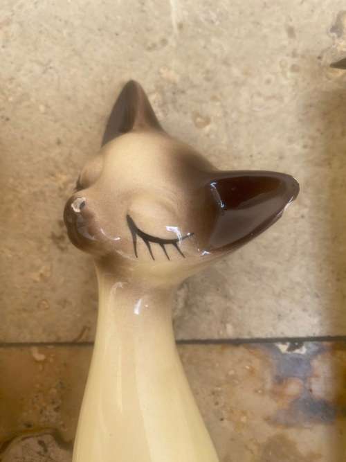 vintage long necked siamese porcelain cats cat pair  , Japan