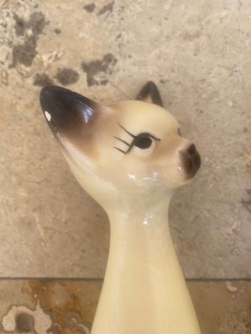 vintage long necked siamese porcelain cats cat pair  , Japan